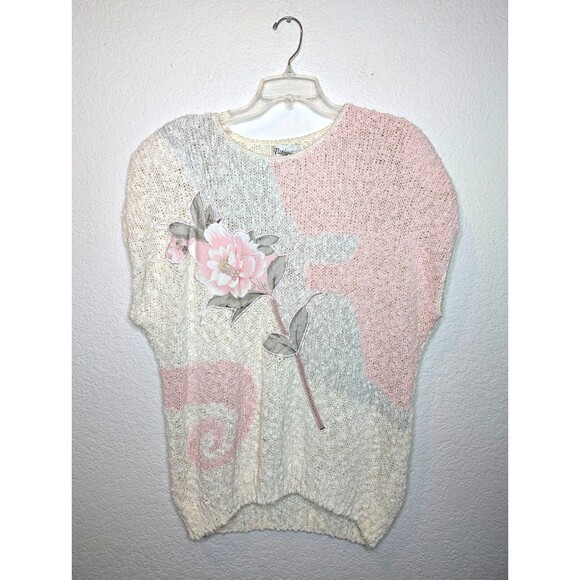 Vtg Womens Pink White Floral Sweater Sz L Embroidered Beaded Applique by Mervyns - Picture 1 of 7